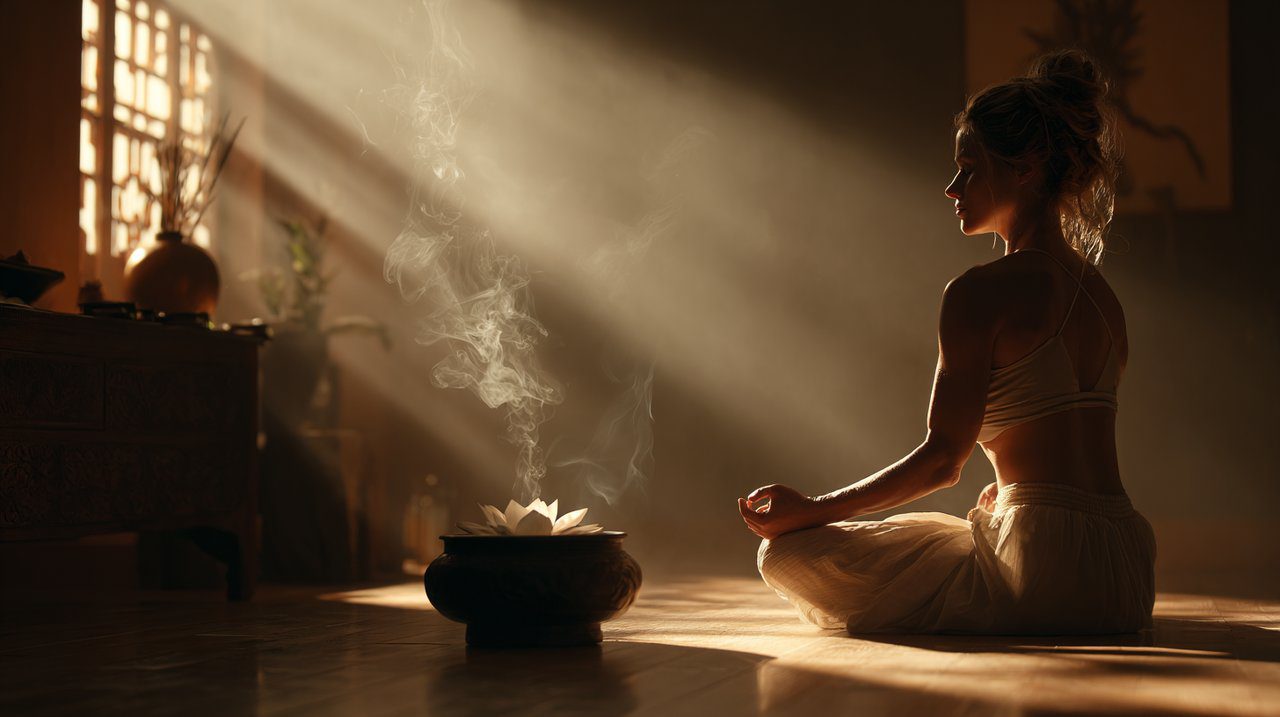 Person Meditating with White Lotus Incense