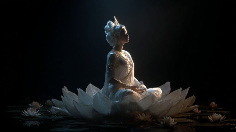 Photorealistic depiction of White Tara in meditation.