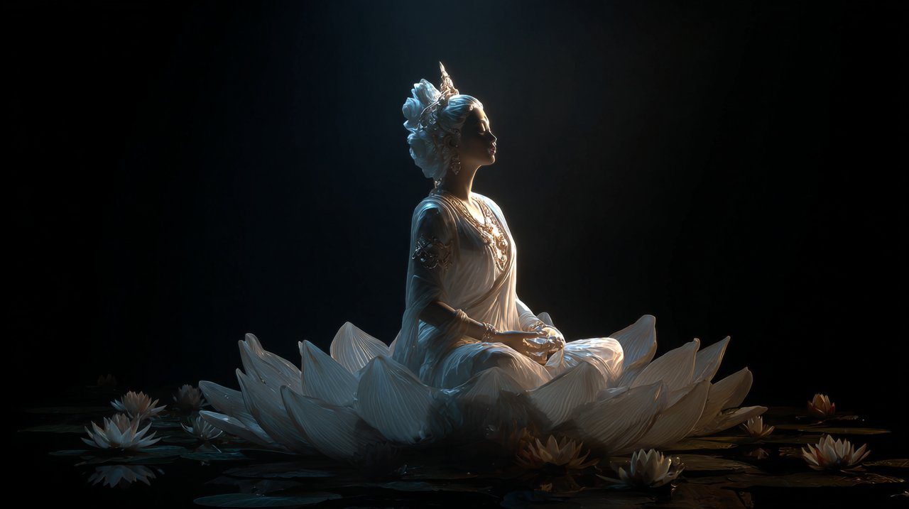 Representación fotorrealista de Tara Blanca en meditación.