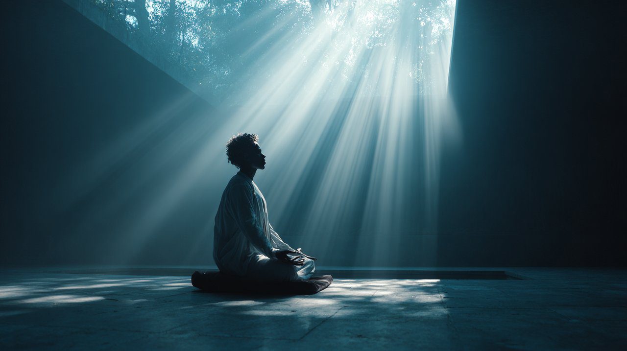 Persona meditando con luz blanca para la sanación.