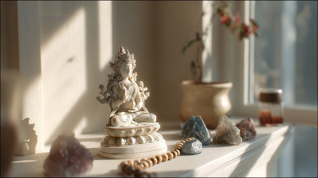 White Tara statue on a small altar with healing crystals and mala beads.