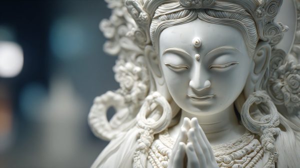 Photorealistic White Tara statue symbolizing healing and compassion.