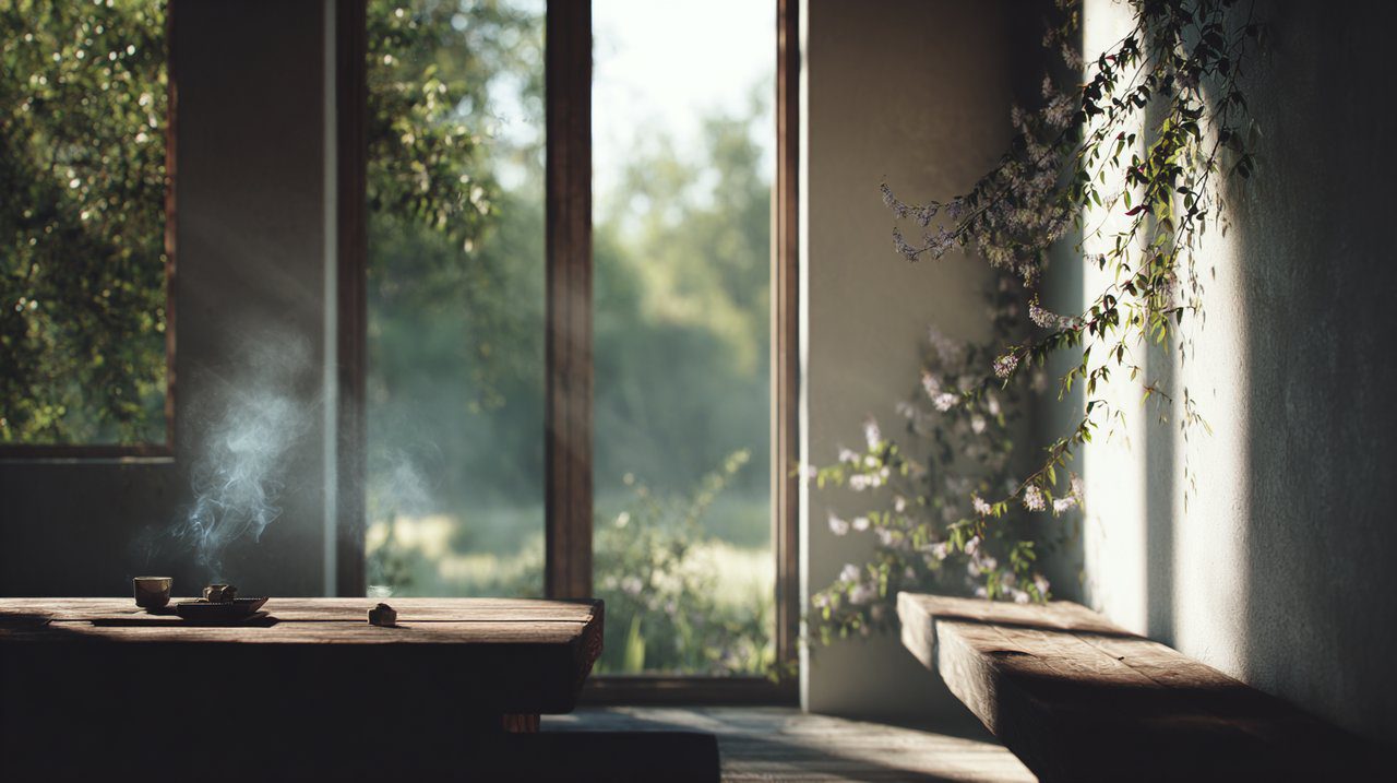 Sun-Drenched Tranquil Room with Incense Smoke
