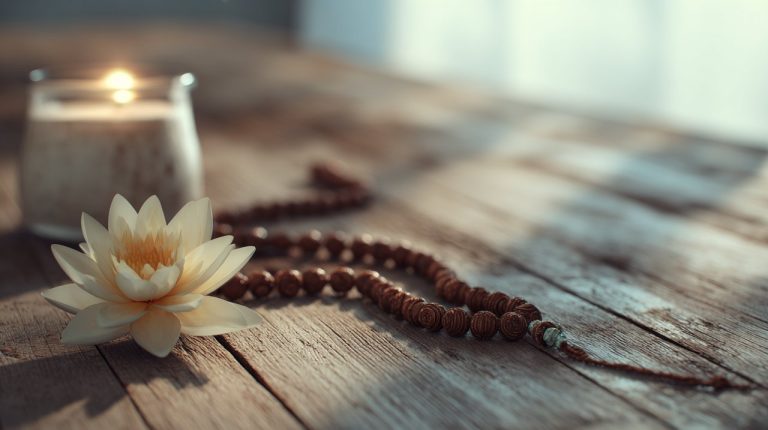 Peaceful meditation space with bodhi seed mala and soft light.