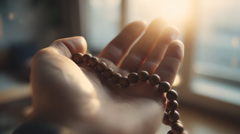 Close-up of a hand gently holding a Bodhi Seed Mala during meditation.