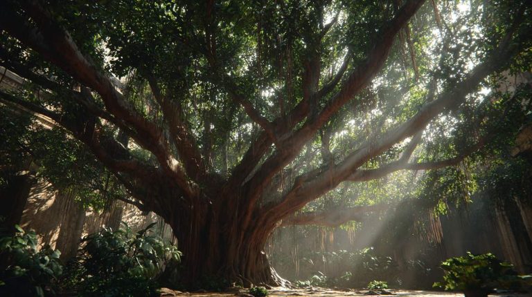 An ancient, majestic Bodhi tree bathed in divine light.