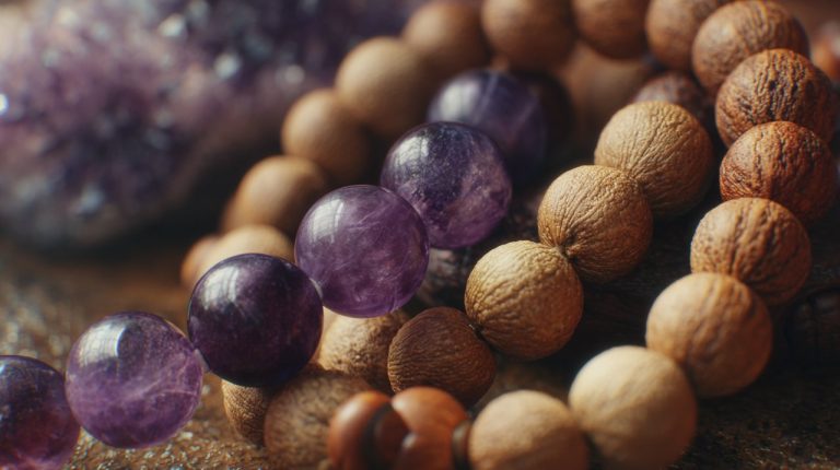 Close-up of Bodhi Seed Mala next to traditional gemstone malas.