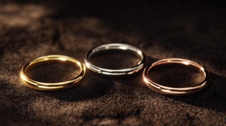Close-up of rings in yellow, white, and rose gold.