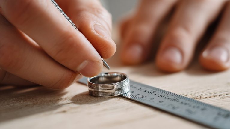 Person measuring an existing ring with a ruler.