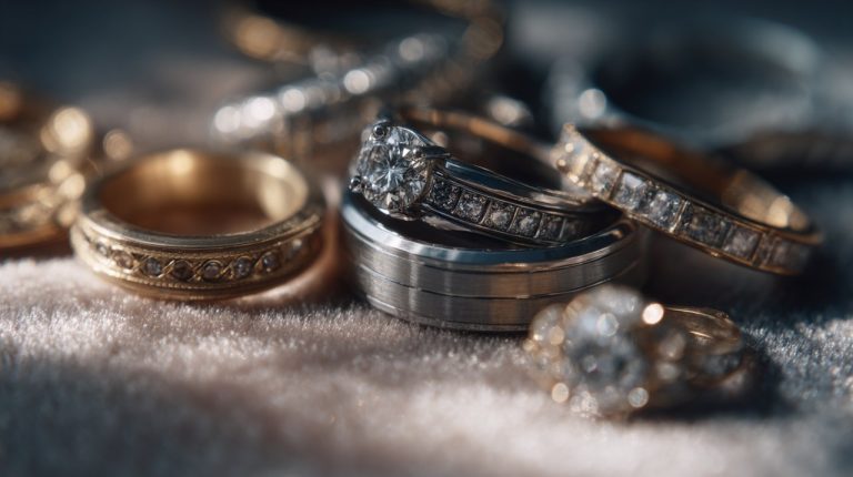 A diverse collection of rings arranged on a velvet surface, showcasing various styles and designs.
