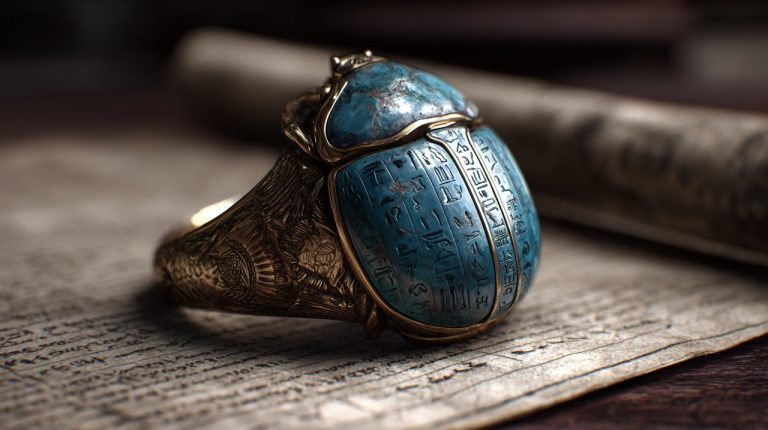 An ancient Egyptian scarab ring with hieroglyphs on papyrus.