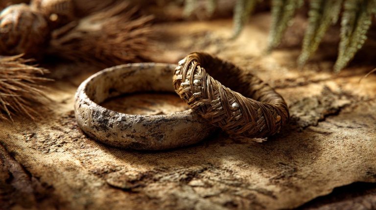 Ancient rings crafted from bone, stone, and plant fibers.
