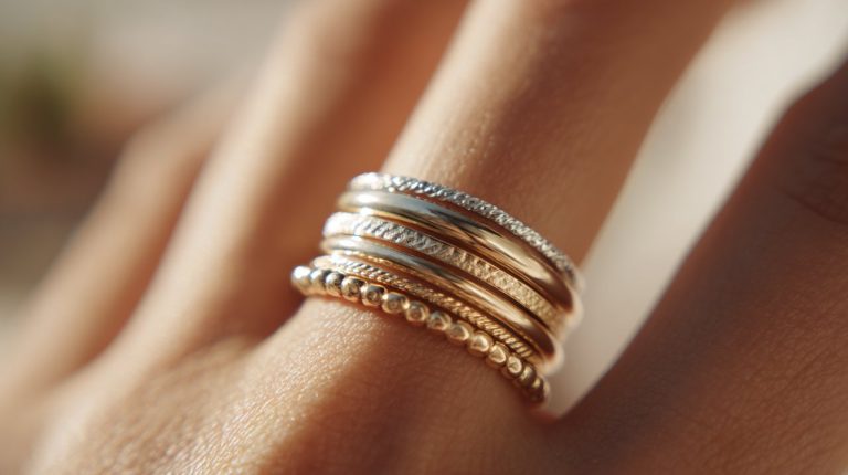 A hand beautifully adorned with a balanced stack of various stackable rings, showcasing different widths and textures.