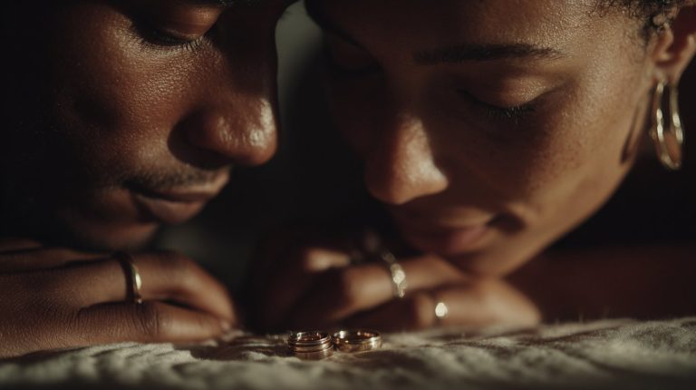 A couple thoughtfully choosing wedding bands.