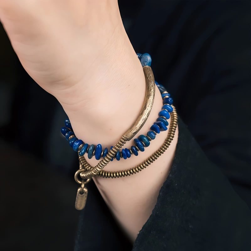 Pulsera Multicapa de Lapislázuli Tibetano Hecha a Mano Handcrafted Tibetan Lapis Lazuli Multi-Layer Bracelet - Protection & Balance - 4
